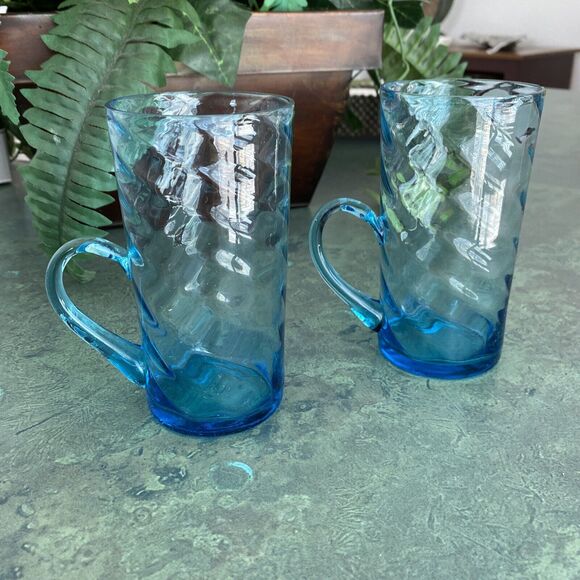 Vintage hand blown blue Irish coffee handled glasses unique swirl display flaws - Picture 3 of 10